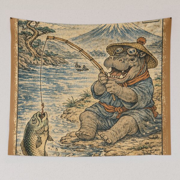 Item preview, Fishing hippopotamus in Japanese woodblock print style Fuji designed and sold by Mauswohn.