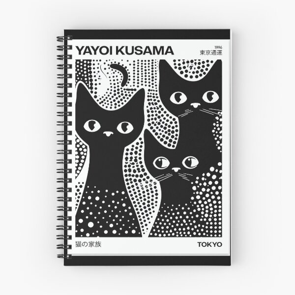 Aperçu de l'œuvre Affiche « Chats noirs » de Yayoi Kusama, 1996 - Illustration murale iconique de chat à pois, art japonais de Tokyo créée et vendue par HappyGrandmaUB.