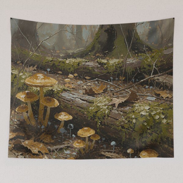 Item preview, Golden Forest Mushrooms Oil Painting, Enchanted Woodland Floor, Mossy Log Nature Art, Autumn Fantasy Forest Scene designed and sold by cr6zym1nd.