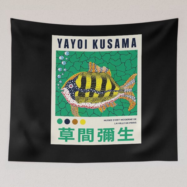 Item preview, Yayoi Kusama Striped Fish Poster - Colorful Polka Dot Fish Wall Art Print, Paris Museum Edition designed and sold by scrambledpeg.