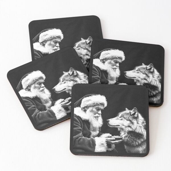 Item preview, Santa Feeding a Wolf – Black and White Winter Fantasy designed and sold by inkoutninja.