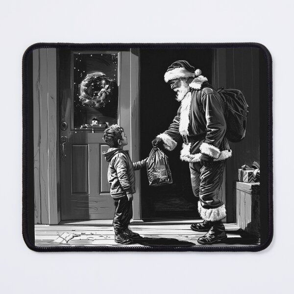 Item preview, Santa Delivering a Christmas Gift at the Door Black and White Holiday Art designed and sold by inkoutninja.