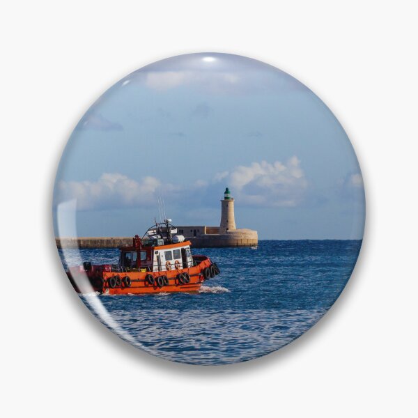 Item preview, Orange Pilot Boat Leaving Harbor With Lighthouse And Breakwater On Calm Blue Sea designed and sold by Nmallia.
