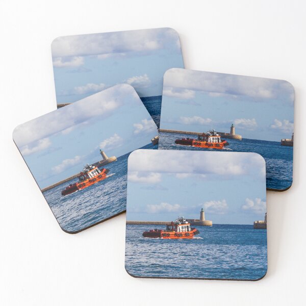 Item preview, Orange Pilot Boat Leaving Harbor With Lighthouse And Breakwater On Calm Blue Sea designed and sold by Nmallia.