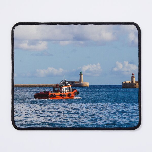 Item preview, Orange Pilot Boat Leaving Harbor With Lighthouse And Breakwater On Calm Blue Sea designed and sold by Nmallia.