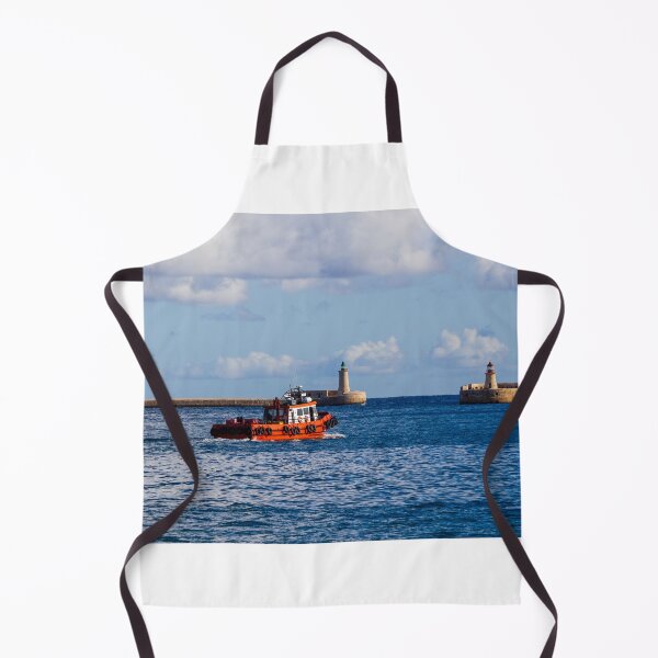 Item preview, Orange Pilot Boat Leaving Harbor With Lighthouse And Breakwater On Calm Blue Sea designed and sold by Nmallia.