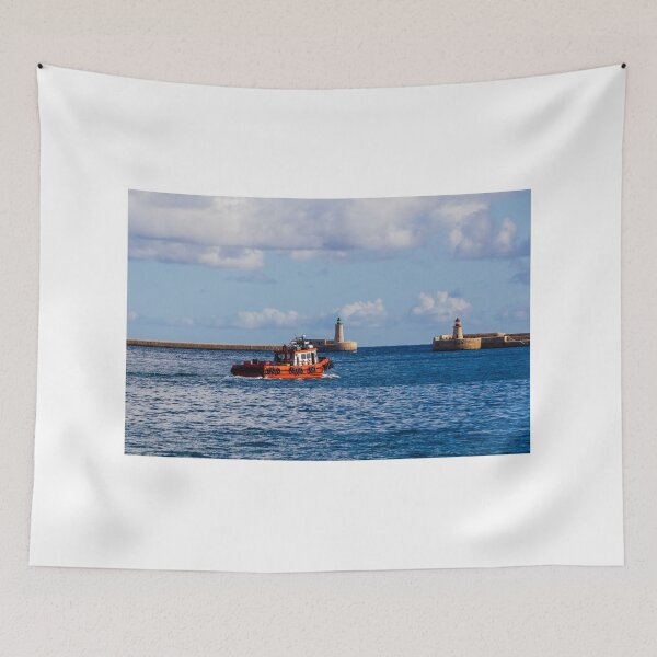 Item preview, Orange Pilot Boat Leaving Harbor With Lighthouse And Breakwater On Calm Blue Sea designed and sold by Nmallia.