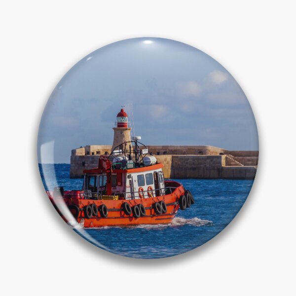 Item preview, Orange Pilot Boat Leaving Harbor With Lighthouse And Breakwater On Calm Blue Sea designed and sold by Nmallia.