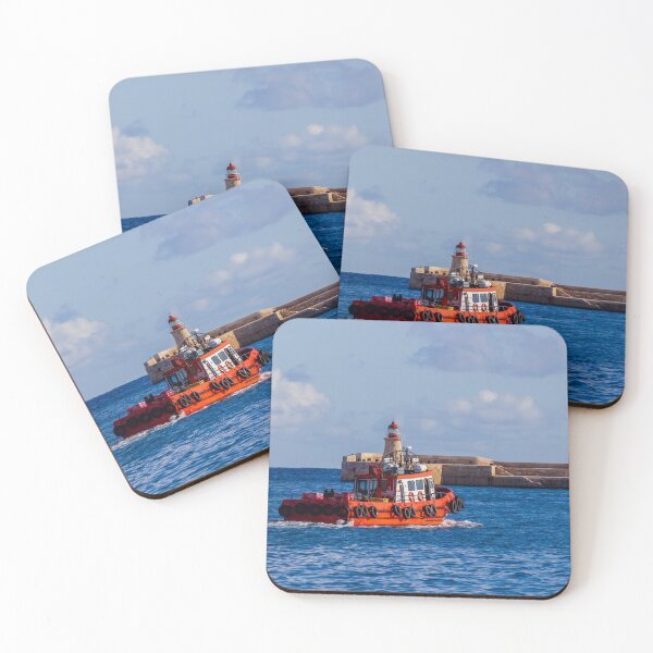 Item preview, Orange Pilot Boat Leaving Harbor With Lighthouse And Breakwater On Calm Blue Sea designed and sold by Nmallia.