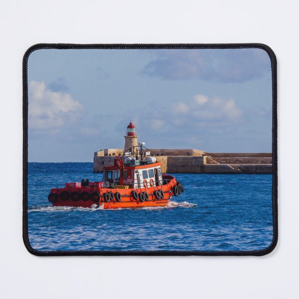 Item preview, Orange Pilot Boat Leaving Harbor With Lighthouse And Breakwater On Calm Blue Sea designed and sold by Nmallia.