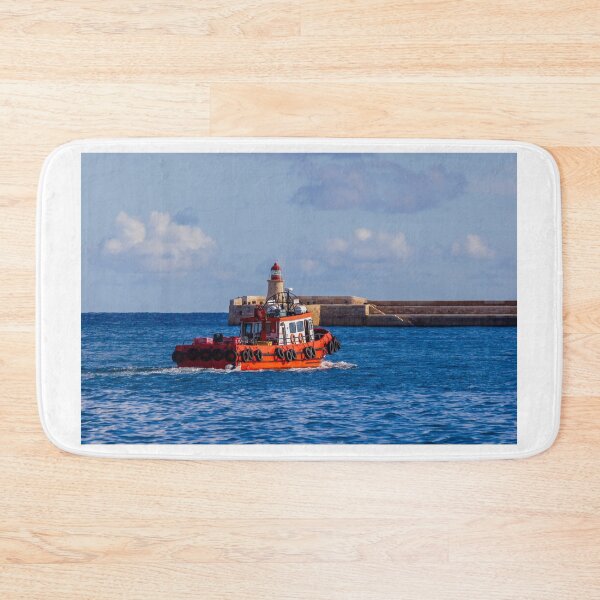 Item preview, Orange Pilot Boat Leaving Harbor With Lighthouse And Breakwater On Calm Blue Sea designed and sold by Nmallia.