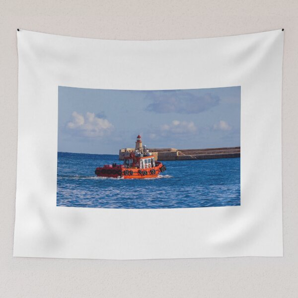 Item preview, Orange Pilot Boat Leaving Harbor With Lighthouse And Breakwater On Calm Blue Sea designed and sold by Nmallia.