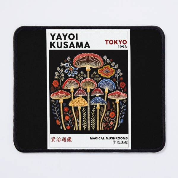 Item preview, Yayoi Kusama Magical Mushrooms Poster 1998 - Colorful Mushroom Wall Art Print, Tokyo Black Background designed and sold by DebraGiftShop.