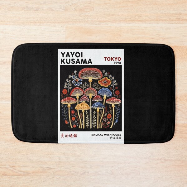 Item preview, Yayoi Kusama Magical Mushrooms Poster 1998 - Colorful Mushroom Wall Art Print, Tokyo Black Background designed and sold by DebraGiftShop.