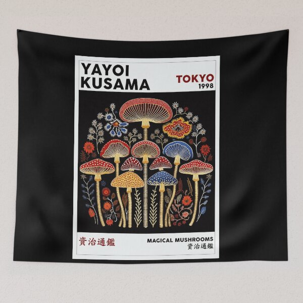 Item preview, Yayoi Kusama Magical Mushrooms Poster 1998 - Colorful Mushroom Wall Art Print, Tokyo Black Background designed and sold by DebraGiftShop.