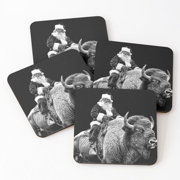 Item preview, Santa Riding a Bison Black and White Western Christmas Art designed and sold by inkoutninja.