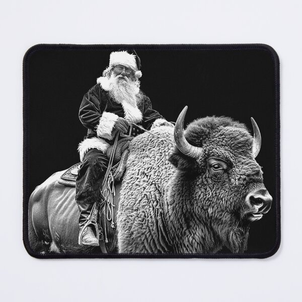 Item preview, Santa Riding a Bison Black and White Western Christmas Art designed and sold by inkoutninja.