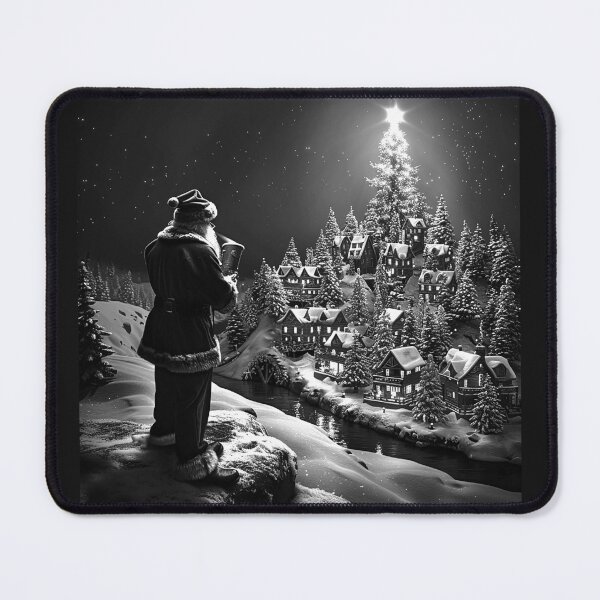 Item preview, Santa Overlooking a Snowy Christmas Village Black and White Holiday Art designed and sold by inkoutninja.