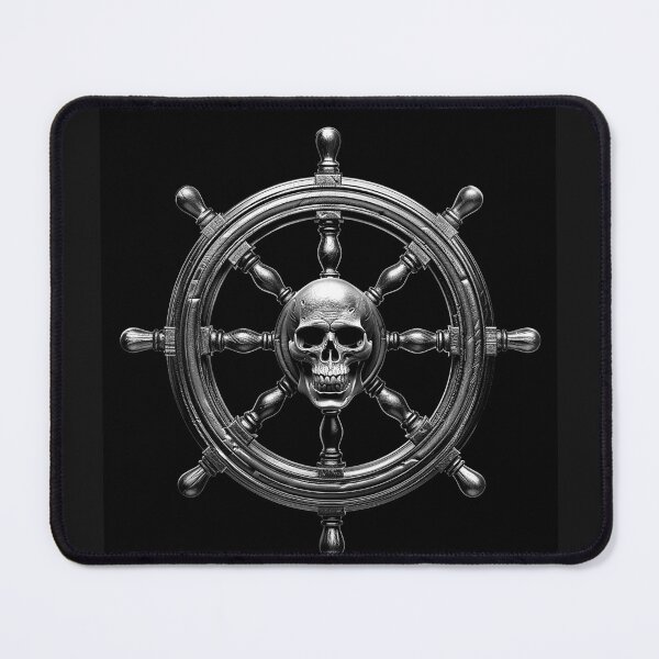 Item preview, Skull Ship Wheel Black and White Pirate Nautical Art designed and sold by inkoutninja.