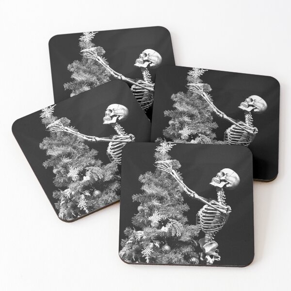 Item preview, Skeleton Decorating a Christmas Tree Black and White Gothic Holiday Art designed and sold by inkoutninja.