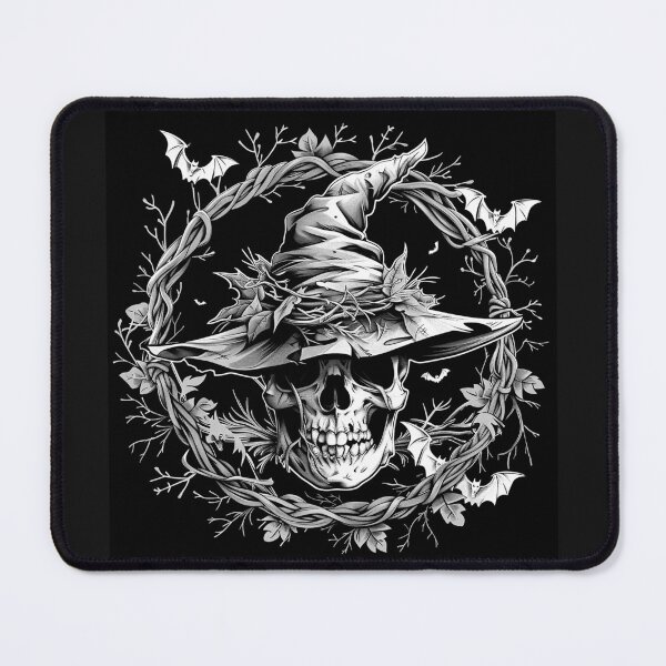 Item preview, Witch Skull with Bats and Thorn Wreath Black and White Gothic Art designed and sold by inkoutninja.