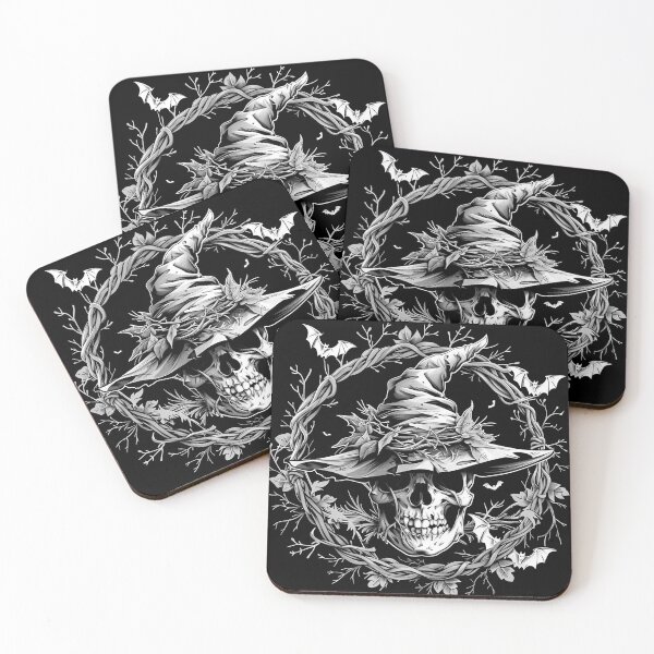 Item preview, Witch Skull with Bats and Thorn Wreath Black and White Gothic Art designed and sold by inkoutninja.