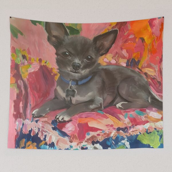Item preview, Grandmillennial art, portrait of Chihuahua on pink couch designed and sold by SophieClimaArt.