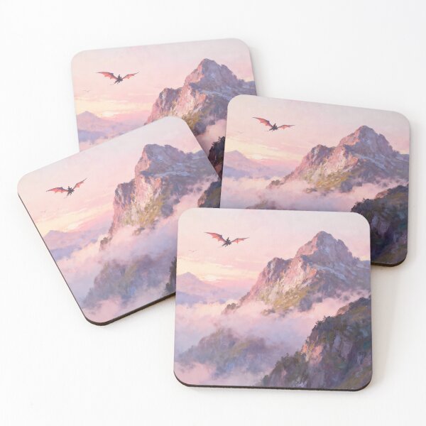 Item preview, Dragon Rider Flying Over Sunset Misty Mountains Oil Painting designed and sold by Fantasy-Atelier.