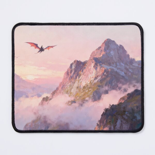 Item preview, Dragon Rider Flying Over Sunset Misty Mountains Oil Painting designed and sold by Fantasy-Atelier.