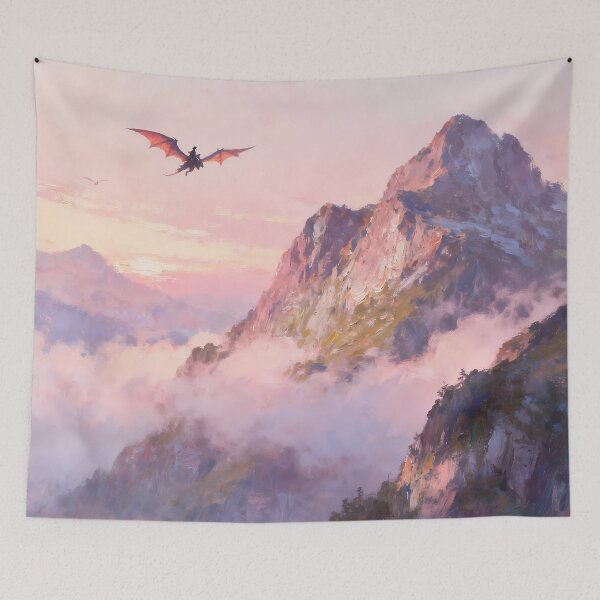 Item preview, Dragon Rider Flying Over Sunset Misty Mountains Oil Painting designed and sold by Fantasy-Atelier.