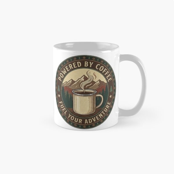 Aperçu de l'œuvre Powered By Coffee – Vintage Outdoor Coffee Badge créée et vendue par Salma.Store.