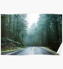 Forest Road Trip - Foggy Day Fir Trees Pacific Northwest Adventure Poster