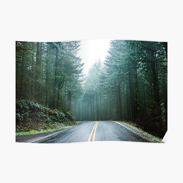 Forest Road Trip - Foggy Day Fir Trees Pacific Northwest Adventure Poster