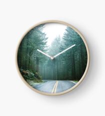 Forest Road Trip - Foggy Day Fir Trees Pacific Northwest Adventure Clock