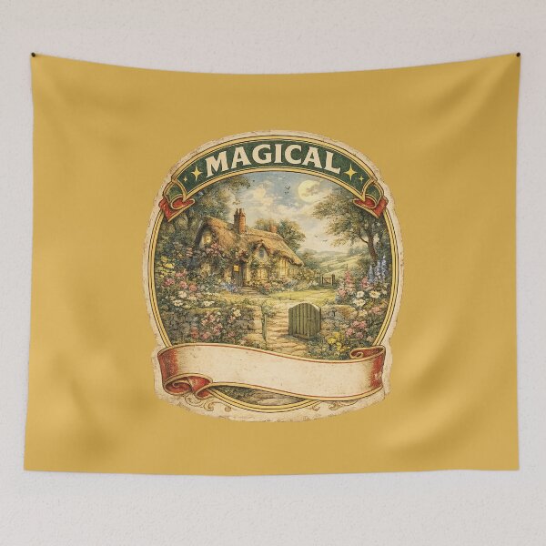 Item preview, Retro 1940s Travel Label Design – Vintage Magical Cottage Illustration Art designed and sold by MagicMakerPh.
