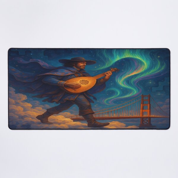 Item preview, The Minstrel of Golden Dreams – Surreal Golden Gate Bridge Fantasy Art designed and sold by DreamtropoliX.