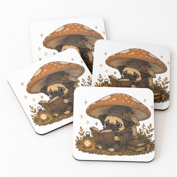 Item preview, Bramble Reads Beneath a Giant Mushroom | Pugwood Chronicles | Cozy Wizard Pug Sticker designed and sold by Pugwood.