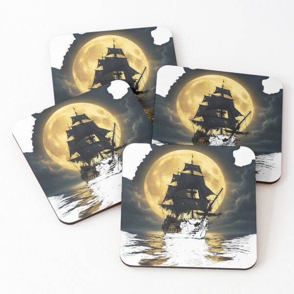 Item preview, Mysterious Galleon Under Golden Moon in Dark Ocean transparent bg designed and sold by Lucia Amaris Art.