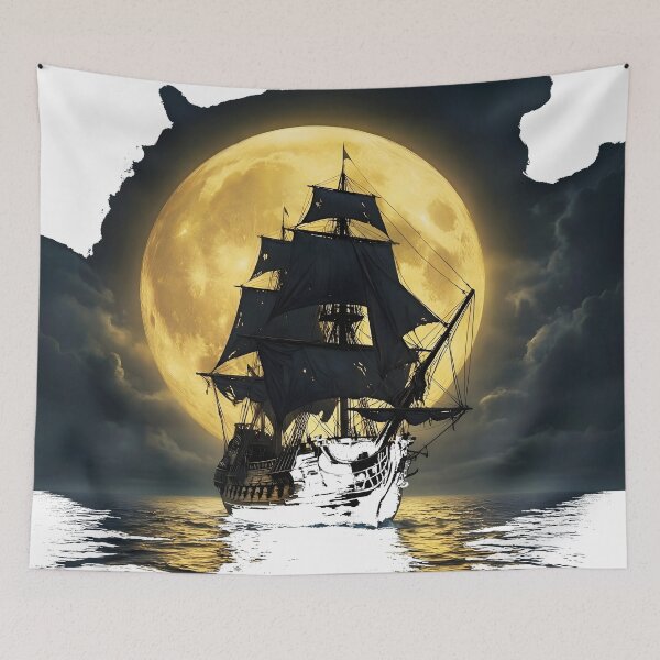 Item preview, Mysterious Galleon Under Golden Moon in Dark Ocean transparent bg designed and sold by Lucia Amaris Art.