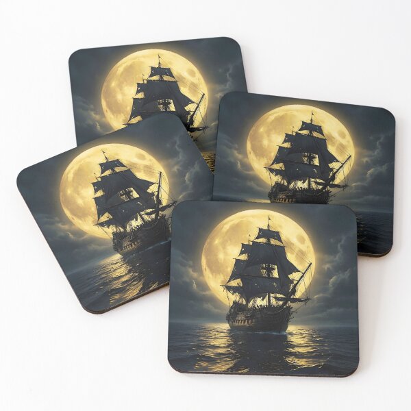 Item preview, Mysterious Galleon Under Golden Moon in Dark Ocean 2 designed and sold by Lucia Amaris Art.