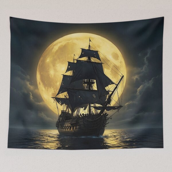 Item preview, Mysterious Galleon Under Golden Moon in Dark Ocean 2 designed and sold by Lucia Amaris Art.