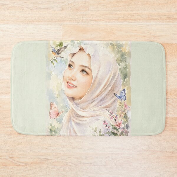 Item preview, Watercolor Hijab Portrait surrounded by delicate blossoms, butterflies, and a bluebird, creating a peaceful and timeless aesthetic. designed and sold by sabartgunpla.