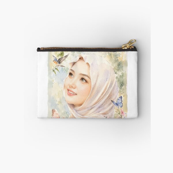 Item preview, Watercolor Hijab Portrait surrounded by delicate blossoms, butterflies, and a bluebird, creating a peaceful and timeless aesthetic. designed and sold by sabartgunpla.