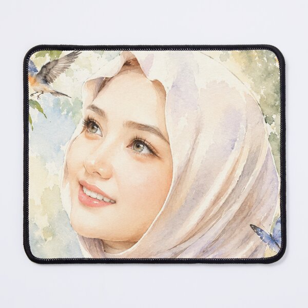Item preview, Watercolor Hijab Portrait surrounded by delicate blossoms, butterflies, and a bluebird, creating a peaceful and timeless aesthetic. designed and sold by sabartgunpla.