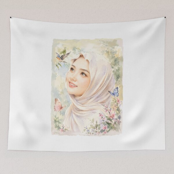 Item preview, Watercolor Hijab Portrait surrounded by delicate blossoms, butterflies, and a bluebird, creating a peaceful and timeless aesthetic. designed and sold by sabartgunpla.