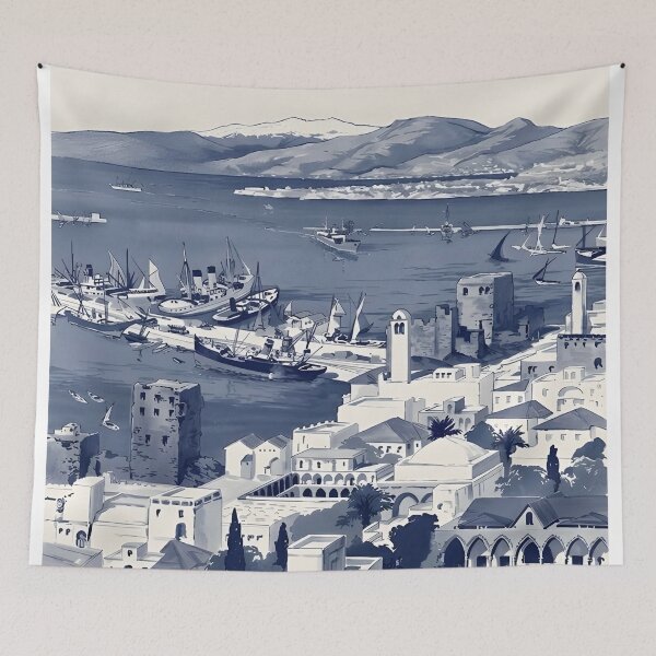 Item preview, Beirut Lebanon Vintage Travel Poster – Blue Coastal City and Historic Harbor 10k designed and sold by RueckerZack.