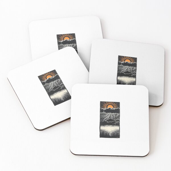 Item preview, Vintage Linocut Thunderstorm Mountain Lake Sunset Art designed and sold by ByKayaPrints.