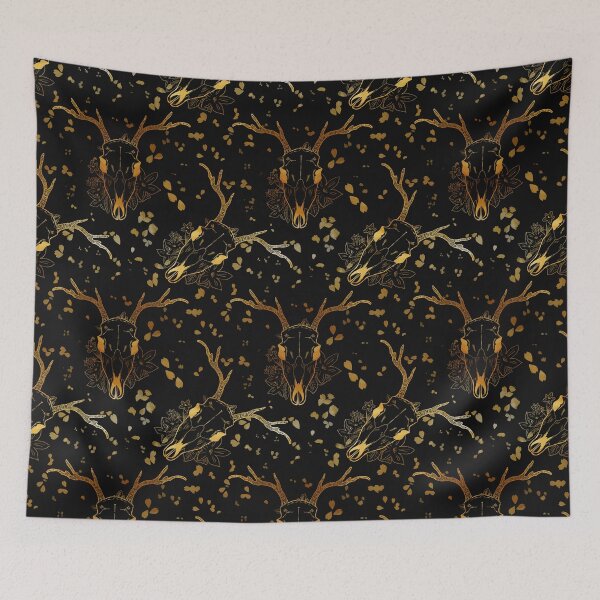 Item preview, Whimsigoth Golden Deer Skull Floral Pattern on Black Background designed and sold by Little Wimbly.
