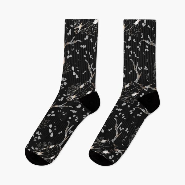 Item preview, Whimsigoth Silver Deer Skull Floral Pattern on Black designed and sold by Little Wimbly.