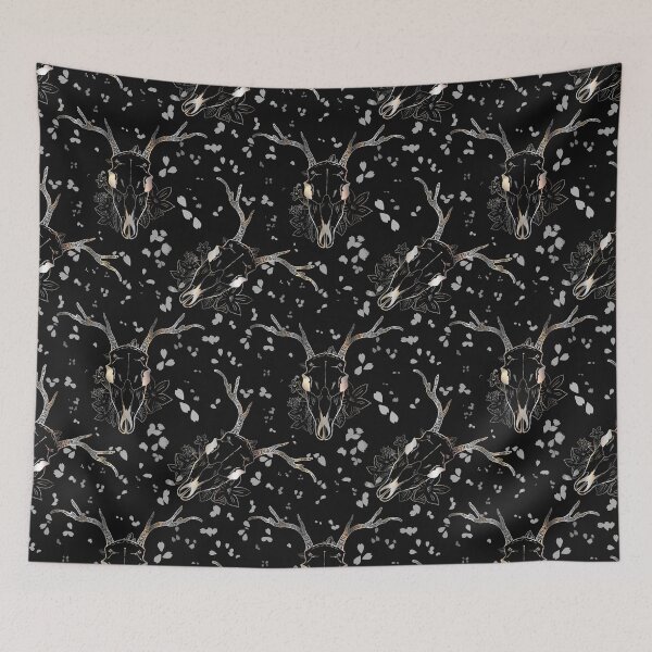 Item preview, Whimsigoth Silver Deer Skull Floral Pattern on Black designed and sold by Little Wimbly.